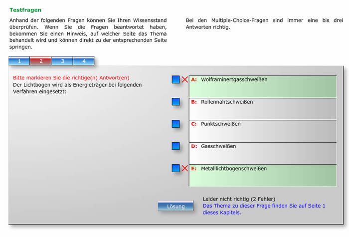 Bildschirmfoto eines Tests am Kapitelende „Fernlehrgang Schweißfachingenieur Teil 1“.